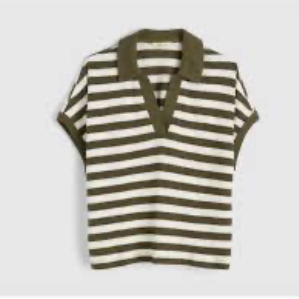 Madewell Womens M Olive Green White Striped Textured Cotton Polo V-Neck Top